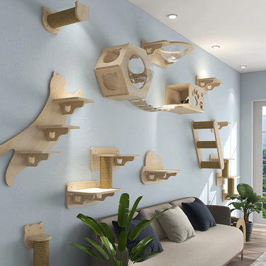 The Luxurious Wall-Mounted Cat Paradise by KittyNook Cat Co. creates a chic feline haven in a plant-filled living room.